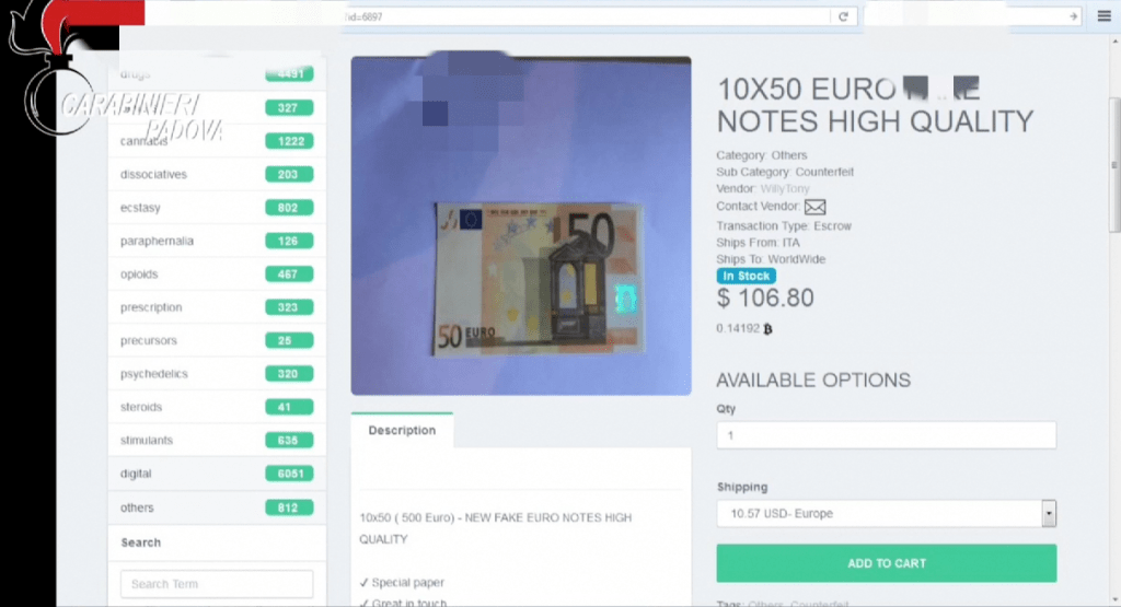 Carabinieri, operazione Dark Web: scoperta filiera di diffusione di banconote false&nbsp;(video)